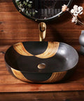 SDVantage Ceramic Bathroom Vessel Sink, Artistic Carved Countertop Basin Sink Black 59 * 40 * 15Cm on wooden countertop.