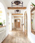 Hallway with Rustic 3 Light Flush Mount Ceiling Fixture, Vintage Farmhouse Open Cage Metal Frame with Matte Wood Finish.