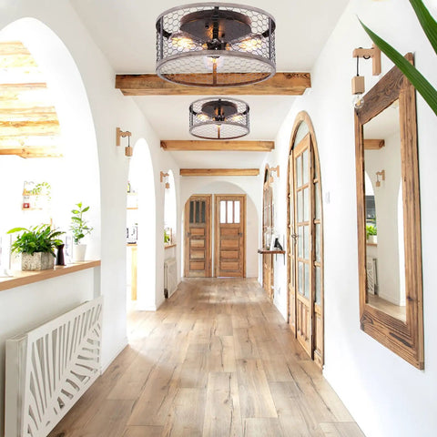 Hallway with Rustic 3 Light Flush Mount Ceiling Fixture, Vintage Farmhouse Open Cage Metal Frame with Matte Wood Finish.