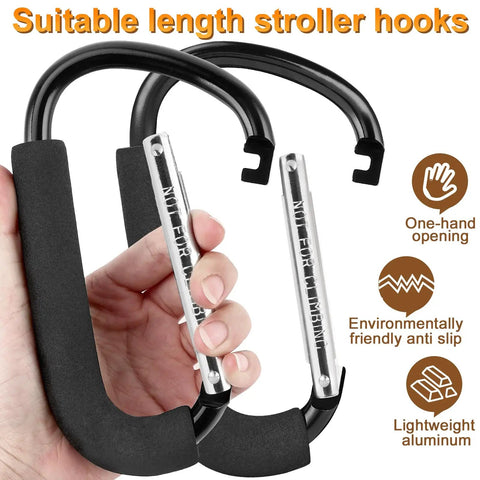 Two Pack Stroller Hooks With 6.3 Inch Large Carabiner Clips for Hanging Diaper Bags and Baby Gear, one-hand opening
