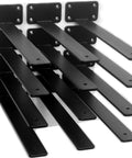 Heavy Duty 12 Pack Hidden L Shelf Brackets 12 Inch Matte Black Iron Floating Wall Mount Hardware For Rustic Industrial Shelving Built Different To Support 100 Lbs Per Pair, showing multiple brackets.