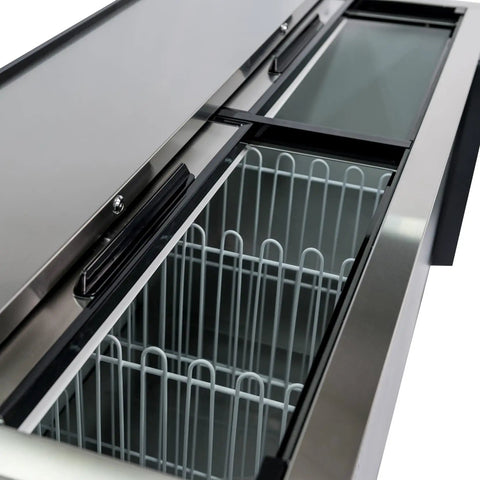 Top Shelf Commercial Under Counter Refrigerator 60 Inch Stainless Steel 15 Cubic Foot Frost Free Cooling with wire racks inside.
