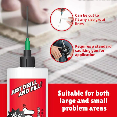 Close-up of Extra Strength Tile Repair Adhesive Pro Pack with micro syringe injector and drill bits for tile repair