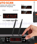 Dual UHF Wireless Lavalier Microphone System With Auto Scan display showing channel tuning and receiver controls.