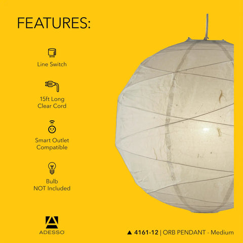 Cool Orb Pendant Light With Collapsible Rice Paper Shade 19 Inch Diameter And 15 Foot Cord, features include line switch, medium size.