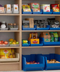 Heavy Duty Plastic Shelf Bins For Garage And Closet Organization 24 Inch By Six And A Half Inch By Four Inch Blue Six Pack Durable Storage Bins For Shelves Cabinets And Drawers filled with food items on cabinet shelves