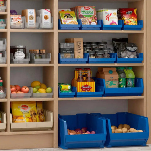 Heavy Duty Plastic Shelf Bins For Garage And Closet Organization 24 Inch By Six And A Half Inch By Four Inch Blue Six Pack Durable Storage Bins For Shelves Cabinets And Drawers filled with food items on cabinet shelves