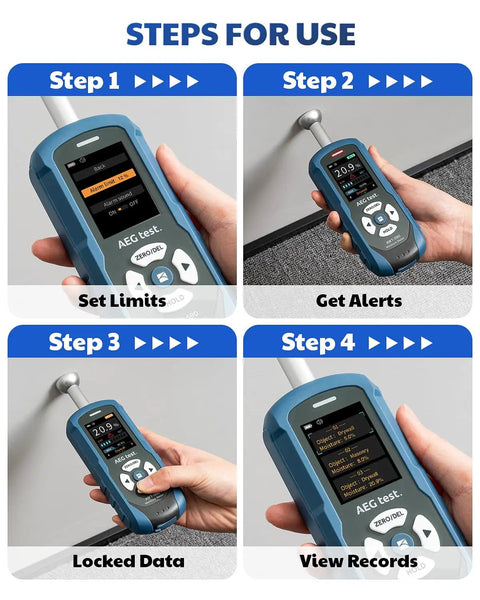 Rechargeable Pinless Moisture Meter For Wood Drywall And Masonry With Adjustable Alarm Data Records Noninvasive Hemispherical Sensor For Fast Pro Grade Home Water Leak Checks steps for use