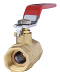 Close-up of a brass ball valve with red handle from Pack Of 10 Heavy Duty Brass Ball Valve One Half Inch Full Port FNPT FIP Threaded 600 WOG 600 PSI Lead Free