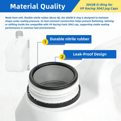 Material quality details of Eight Pack 3043B O Ring Kit For Fuel Jug Caps With Leak Proof Seal; durable nitrile rubber and leak-proof design.