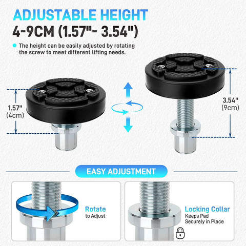 Heavy Duty 4 Pack Two Post Car Lift Pads Compatible With 35mm Shaft Screw Up Adjustable Lift Arm Grips showing adjustable height from 4-9cm.