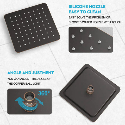 Detail of Shower Faucet Set With 8 Inch Rainfall Showerhead And Trim Kit Oil Rubbed Bronze Finish Includes 3 Way Valve For Full Control Easy Install Bathroom Shower System For Legit Spa Vibe Showers showing silicone nozzles and adjustable joint