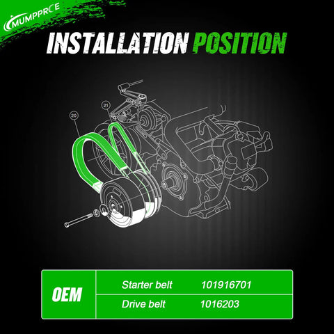 Diagram showing installation of Club Car Clutch Drive Belt and Starter Generator Belt Kit for DS 1997 Up and Precedent 2004 Up
