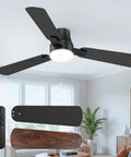 42 Inch Ceiling Fan With Bright Light And Wireless Remote Boasting Ultra Fast No Sweat Setup, black blades in modern living room.