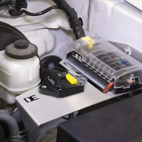 Built Damn Tough Manual Reset Circuit Breaker Switch 300 Amp Waterproof Panel Mount installed in vehicle engine bay.