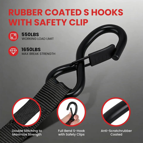 Heavy Duty Retractable Ratchet Straps 1 Inch By 10 Foot 4 Pack 1650 Lb Breaking Strength Rust Resistant Cargo Tie Downs with rubber coated S hooks.