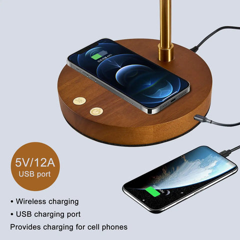 LED Wood Grain Desk Lamp With Wireless Charger And USB Port For Home Office, Touch Control Desk Light charging smartphones