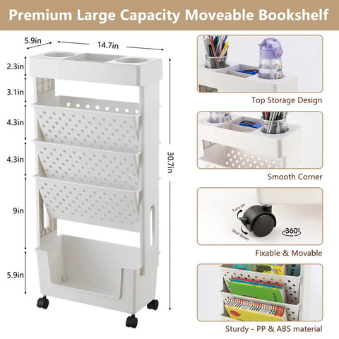 White Rolling Office Paper Organizer With Mobile Book Cart, pen holder, document storage, lockable wheels, side view
