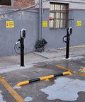 Heavy Duty EV Fast Charger With Kickin DC Fast Charging System and Rugged Steel Cabinet installed in parking lot with clear signage.