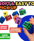 Bulk Pack Of 36 1.5 Inch Foam Dice In Assorted Colors For Kids And Classrooms with number dots in bright colors.