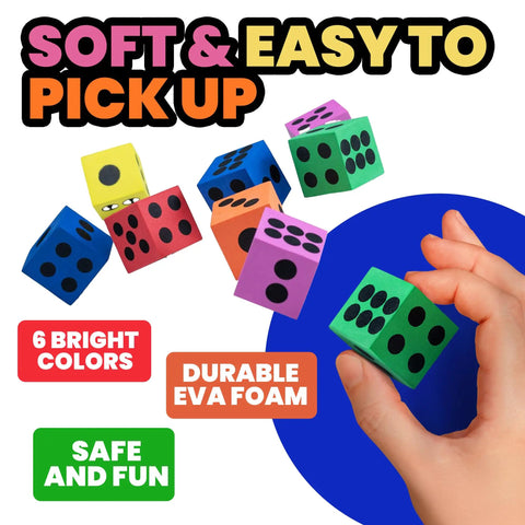 Bulk Pack Of 36 1.5 Inch Foam Dice In Assorted Colors For Kids And Classrooms with number dots in bright colors.