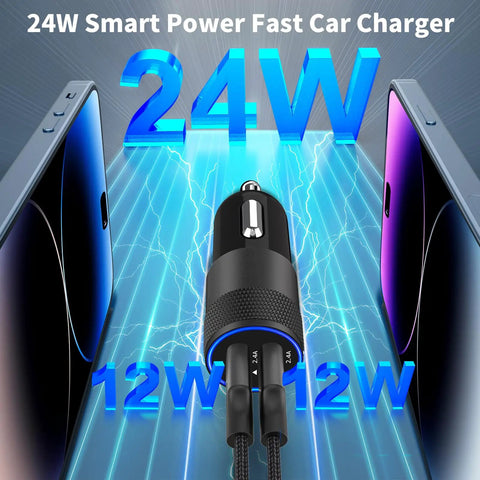 MFi Certified Dual USB Car Charger With 12W Fast Charge, highlighted with graphic effects, for iPhone 14 13 12 11 SE XR XS X.