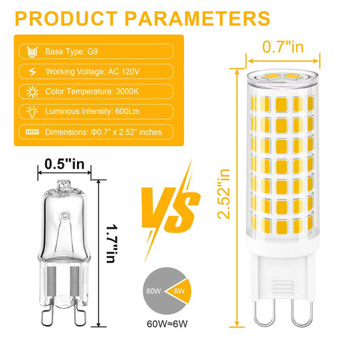 Comparison of G9 LED Bulbs 6W Soft White 3000K Bi Pin Base 600LM 60W Halogen Equivalent dimensions vs halogen bulb