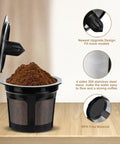 Reusable K Cup Coffee Filters Set 4 Pack With 2 Tbsp Coffee Scoop Refills For Keurig 1.0 And 2.0 showcasing filter with coffee grounds