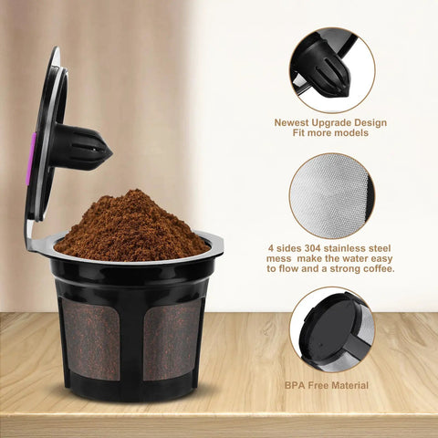 Reusable K Cup Coffee Filters Set 4 Pack With 2 Tbsp Coffee Scoop Refills For Keurig 1.0 And 2.0 showcasing filter with coffee grounds