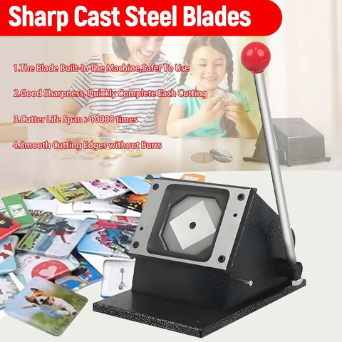 Square Magnet Button Cutter For Paper And Photos, 2x2 Inch Punch Cutter with steel blades and ergonomic handle displayed on a table.
