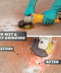 Worker using a 4.5 Inch Diamond Cup Wheel For Angle Grinders, 18 Diamond Segments, Seven Eighths Inch Arbor on concrete floor