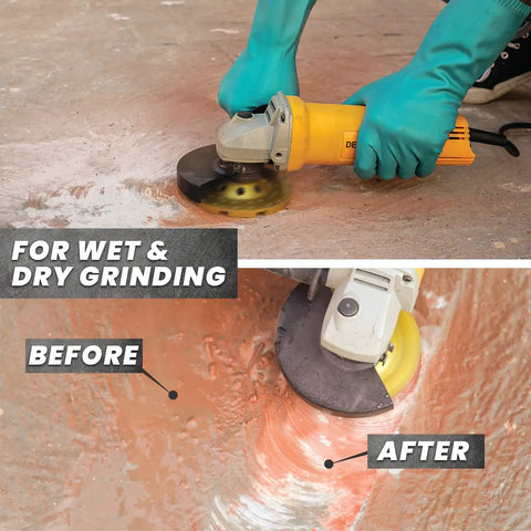 Worker using a 4.5 Inch Diamond Cup Wheel For Angle Grinders, 18 Diamond Segments, Seven Eighths Inch Arbor on concrete floor