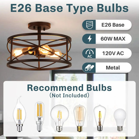 Three Light Semi Flush Mount Ceiling Light With Industrial Modern Farmhouse Style And Metal Cage 14 Inch Wide Oil Rubbed Bronze Finish E26 Base Rustic Yet Sleek Kitchen Hallway Living Room Bedroom Fixture.