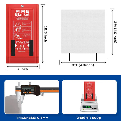 Dimensions and specifications of 4 Pack Fire Blanket 40x40 Inches Fiberglass Emergency Fire Safety For Home Kitchen Grill Car Garage Office School.