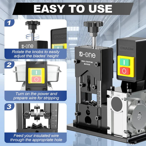 Heavy Duty Automatic Wire Stripper Machine With 180 Watt Motor And Adjustable Feed Holes For Fast Copper Cable Recycling Up To Eighty Feet Per Minute, showing adjustable knobs and control panel setup.