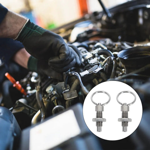 Rock Solid Stainless Steel Spring Loaded Pull Ring Indexing Plunger Knobs Pair Heavy Duty Retractable Locating Pins for Industrial Gear during installation.