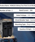 Job Site Workhorse 50 Amp Two Pole Circuit Breaker Snap In Mount Fits Standard Load Centers Rated 120 240 Vac 10 Ka Capacity features a Visi Trip indicator.