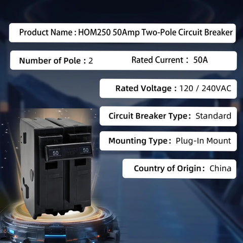 Job Site Workhorse 50 Amp Two Pole Circuit Breaker Snap In Mount Fits Standard Load Centers Rated 120 240 Vac 10 Ka Capacity features a Visi Trip indicator.