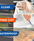 20 Pack Heavy Duty Pro Grade Plastic Drop Cloths 9x12 Feet For Painting showing clear, free cut, and waterproof features.