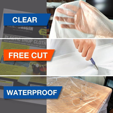 20 Pack Heavy Duty Pro Grade Plastic Drop Cloths 9x12 Feet For Painting showing clear, free cut, and waterproof features.