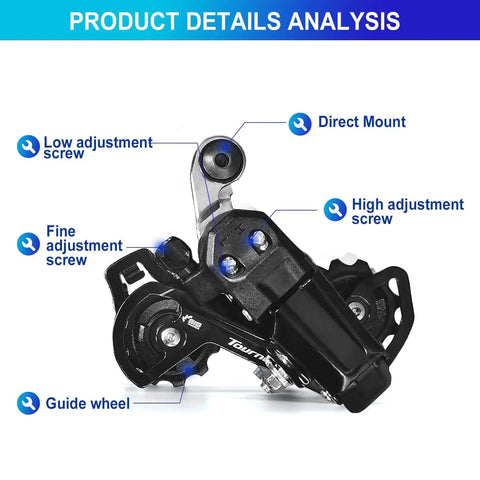 RD-TY200 6 To 7 Speed Rear Derailleur Direct Mount For Mountain Bikes Heavy Duty Steel with labeled adjustment screws