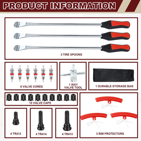 15 Inch Tire Spoon Kit For Motorcycle ATV Bike Mower Tractor With Rim Protectors Valve Tool Cores Caps Stems And Storage Bag