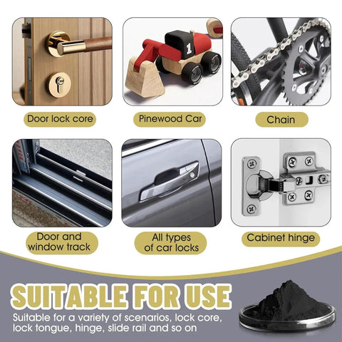 Graphite Powder Lock Lubricant for Keyholes, Smooth Key Insertion, No Jams, Easy Door Lock Maintenance shown with various lock uses.