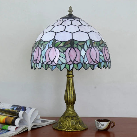 Cozy Pink Tulip Tiffany Style Stained Glass Table Lamp 12 Inch Wide 18 Inch High With Aluminum Base E26 Bulb Included
