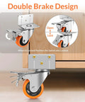 Heavy Duty Swivel Casters L Shaped Mount with double brake design, sturdy metal frame, 3-inch orange wheel for secure locking.