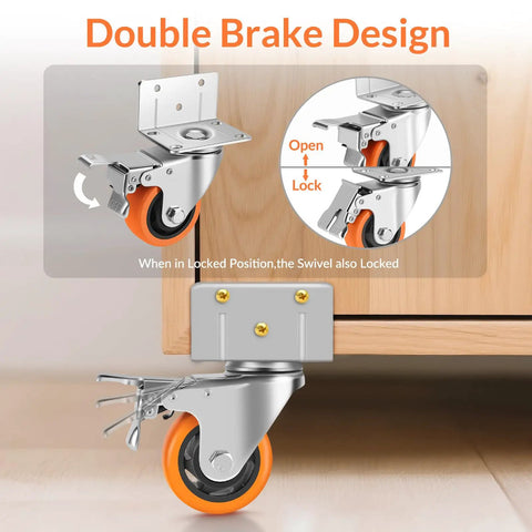 Rock Solid Heavy Duty 3 Inch L Shaped Casters Set Of 4 With Double Lock Brakes showing double brake design and swivel lock mechanism.