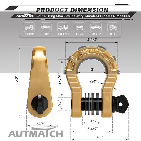 Two Pack Three Quarters Inch Mega D Ring Shackles With Seven Eighths Inch Screw Pin dimensions and gold finish