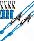 Retractable Rope Tensioner With Alloy Quick Lock Buckle for camping tent setup shown with blue ropes and carabiners