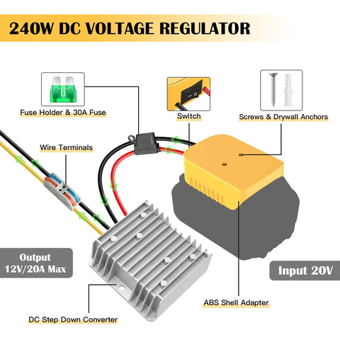 Diagram of 20V To 12V DC Step Down Converter Kit For 18V And 20V Batteries showing components and electrical connections.