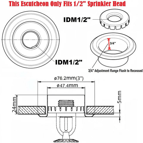 Diagram of Sleek Recessed Fire Sprinkler Escutcheon Trim Ring Covers 1/2 Inch Ips Pipes showing dimensions and fitting details.